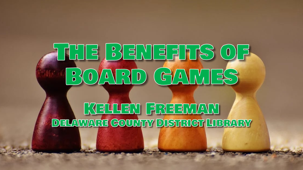 A title slide showing four board game pawns with the title "The Benefits of Board Games" in front.